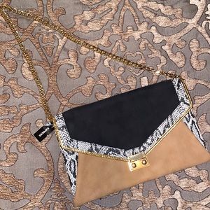 NWOT Express black tan snake print purse with gold chain